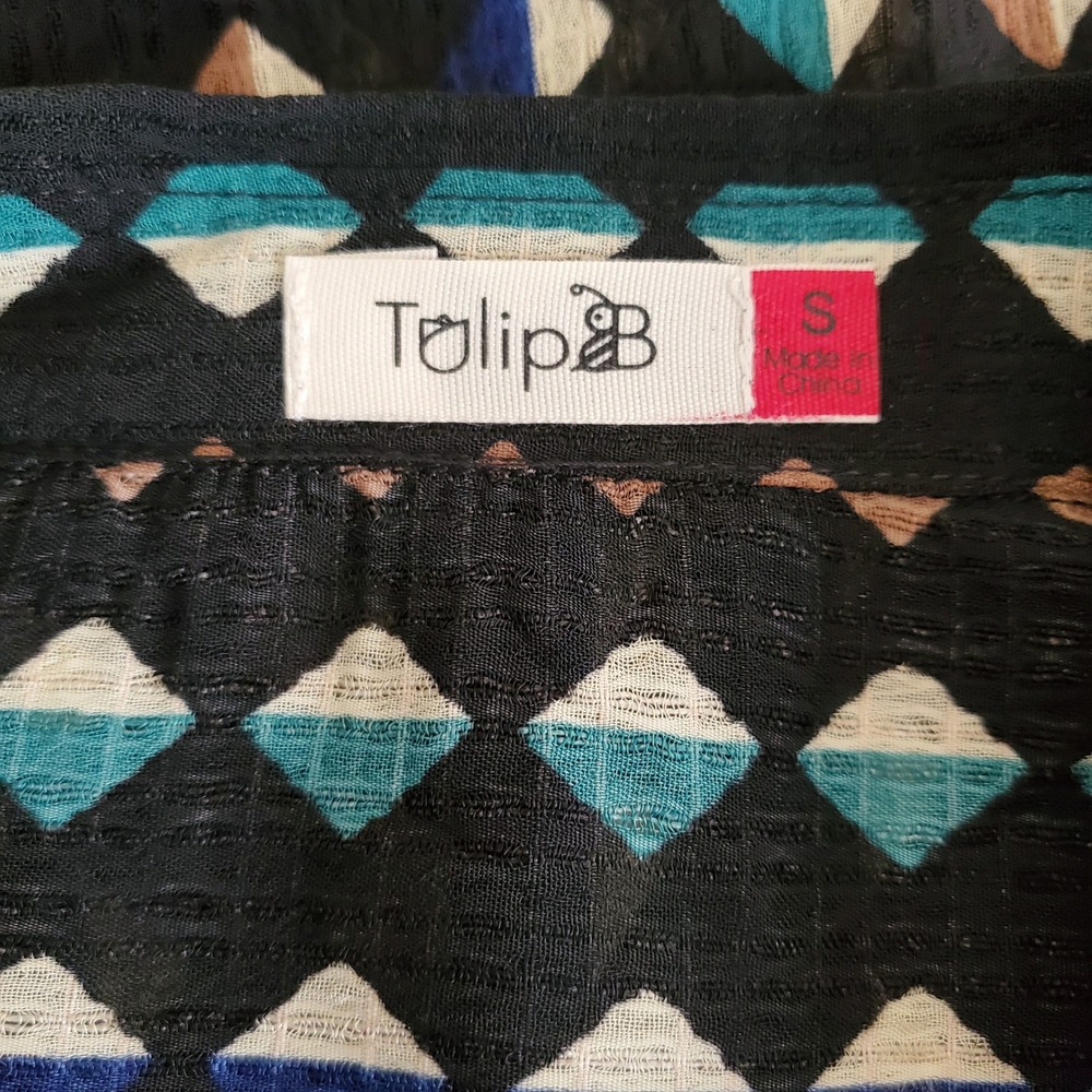 Tulip B Small Geometric Diamond Print Button Down Shirt Black Tan Blue Teal New - Picture 8 of 10